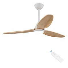 a white ceiling fan with wooden blades and remote control attached to it's blade