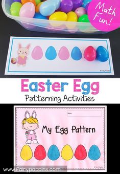 an easter egg patterning activity for kids to practice counting and matching eggs with the word,