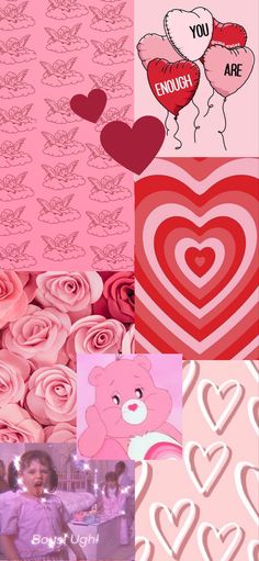 the collage has hearts, flowers and teddy bears on it's wallpaper