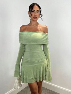 SHEIN USA Off-shoulder Ruffled Mini Dress, Green Ruffled Stretch Mini Dress, Green Mini Dress With Ruffle Hem For Party, Fitted Green Mini Ruffle Dress, Fitted Green Ruffle Mini Dress, Casual Long Sleeve Ruffle Dress For Party, Green Ruffled Mini Dress For Fall, Trendy Solid Dresses With Ruffles, Trendy Solid Color Dresses With Ruffles