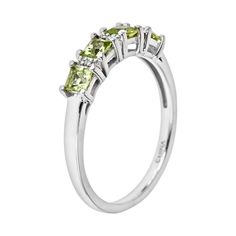 Magnificent princess-cut peridot stones and diamond accents make this sterling silver ring an eye-catching addition to any outfit. Click on this JEWELRY & WATCHES GUIDE to learn about fit, styles, materials and more!Ring Details: Width: .12-in. Metal: rhodium-plated sterling silver Gemstone Details: Gemstone type: genuine peridot Cut: princess Setting: prong Diamond Details: Carat total weight: less than .1 Cut: round Color: G-H Clarity: I1-I2 Setting: pave Image(s) may be enlarged to show detai Diamond Accent Ring, Peridot Stone, Right Hand Rings, Princess Cut, Sterling Ring, Rhodium Plated, Sterling Silver Ring, Silver Ring, Sterling Silver Rings