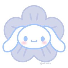 a white rabbit with blue ears on it's head is sitting in front of a flower