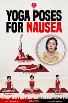 the yoga poses for nausea are shown in red and black, with an image of