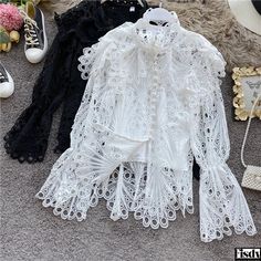 Fisdy - Romantic Lace Embroidered Vintage Palace Shirt with Hollow Out Trumpet Sleeves Vintage Palace, Black White Blouse, Crochet Black, Flare Long Sleeve, Trumpet Sleeve, Romantic Lace, Black And White Blouse, Style Cardigan, Lace Embroidery