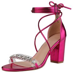 Looking for a pair of stunning sandals to complete your special occasion look? Look no further than these elegant crystal stiletto strap sandals! The glittering crystal accentuates the slender silhouette, while the lace-up design and chunky heel add a bold sparkle. These sandals feature a faux leather vamp, rubber outsole, and ABS heel, with a heel height of 3.3 inches. Don't forget to check the size measurement chart before ordering to ensure a perfect fit! These sandals are a must-have in ever Crystal Open Toe Heels For Prom, Crystal Heels For Summer Evenings, Crystal Heels For Summer Evening, Crystal Sandals For Formal Summer Events, Summer Formal Crystal Sandals, Crystal Open Toe Sandals For Party, Party Crystal Open Toe Sandals, Glamorous Crystal Heels For Summer, Glamorous Crystal Sandals For Formal Occasions