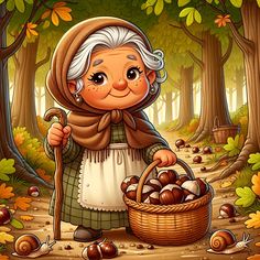 an old woman holding a basket full of mushrooms in the woods with leaves on the ground