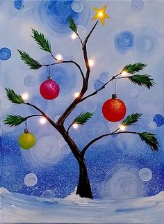 a painting of a christmas tree with ornaments hanging from it's branches in the snow