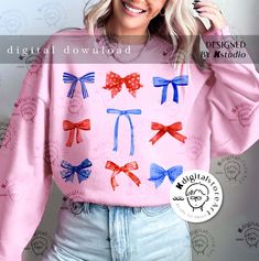 Red Long Sleeve Top For 4th Of July, Red Long Sleeve Tops For 4th Of July, Patriotic Red Shirt For Spring, Mimi Life, July Design, Bow Png, Bow Shirts, 4th Of July Shirt, Life Ideas