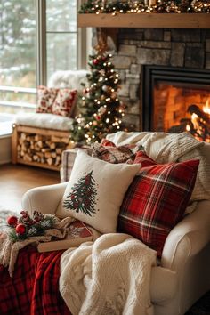 a living room filled with furniture and a fire place covered in christmas decorations next to a window