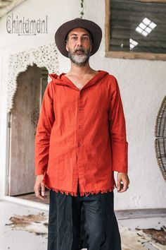 "⫸ We ship by EXPRESS EMS now for fast & safe delivery! This red ochre / terrcotta hooded shirt for men is a very comfortable piece to wear with jeans or pants in a cooler climate. It has big pilgrim hood, extra long sleeves for coziness and even side pockets! The back is decorated with geometric \"worn out\" screen printed patterns, to add some artsy twist to this simple and classic model. The hemline is open, so that this piece will combine perfectly with any of your boho wardrobe, be it e Red Long Sleeve Top For Outdoor, Red Cotton Long Sleeve Hooded Jacket, Red Casual Cotton Hooded Jacket, Red Cotton Hooded Jacket For Spring, Casual Red Cotton Hooded Jacket, Red Long Sleeve Tops With Adjustable Hood, Red Long Sleeve Top With Adjustable Hood, Red Cotton Hooded Jacket With Pockets, Red Hooded Top With Relaxed Fit