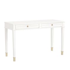 a white desk with two drawers and gold handles on the top, against a white background