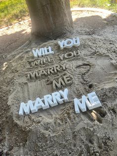 the words will you marry me written in sand next to a tree and some grass