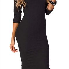 New Black 3/4 Sleeve Body Contour Dress Fitted Midi Dress With 3/4 Sleeves For Night Out, Stretch Dress With 3/4 Sleeve For Night Out, Stretch Dresses For Night Out With 3/4 Sleeve, Black Half Sleeve Midi Dress For Work, Casual Black Half Sleeve Mini Dress, Chic Midi Dress With 3/4 Sleeves For Date Night, Casual Black Mini Dress With Half Sleeves, Black Midi Dress For Spring, Chic Bodycon Dress With 3/4 Sleeves