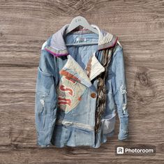 Jean Jacket App Cycled From Many Jeans And Children's Bed Spread.What A Treasure Casual Patchwork Blazer For Winter, Long Sleeve Denim Blazer For Winter, Denim Blazer With Long Sleeves For Winter, Blue Patchwork Blazer For Fall, Fall Blue Blazer With Patchwork, Winter Denim Blazer With Long Sleeves, Fall Patchwork Blue Blazer, Long Sleeve Reworked Denim Jacket For Fall, Blue Bohemian Outerwear With Pockets