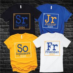 three t - shirts with the words srr junior on them in blue, yellow and white