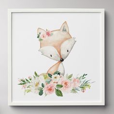 a watercolor painting of a fox with flowers