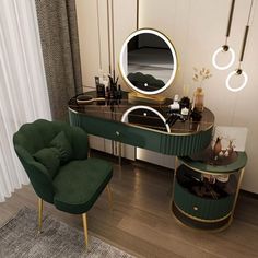 a green chair sitting in front of a vanity