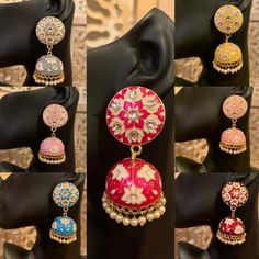 Beautiful statement jhumkas in bright colors with hand painted meenakari design. Care Instruction: Avoid heat & substances like perfume, deodorant, alcohol, etc and  clean with silver/gold polish cloth.Store in airtight spaces like ziplock pouch or jewelry box. Modern Indian Jewelry, Jumka Earrings, Indian Jhumka, Meenakari Earrings, Indian Jewelry Earrings, Cloth Store, Indian Jewellery Design Earrings, Indian Jewellery Design, Jewelry Bracelets Gold