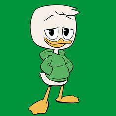 an animated duck wearing a green shirt