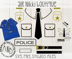 an image of various police related items on wood planks with the words air niki boutique above them