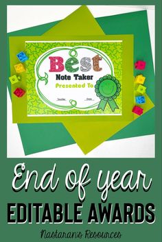 the end of year printable award is displayed on top of green paper with colorful blocks