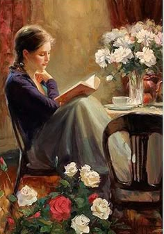 a painting of a woman sitting at a table with flowers in front of her, reading a book