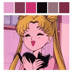 an anime character with long blonde hair holding a black cat in her hands and smiling