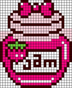 a cross stitch pattern with an image of a coffee cup in pink and white colors