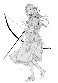 a drawing of a woman with long hair holding a bow and arrow in her hand