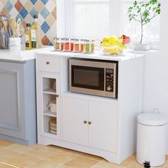 a kitchen with white cabinets and a microwave