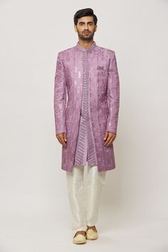 Purple sherwani with all over thread and sequin hand embroidery. Paired with a cream aligadi pant. - Aza Fashions Wedding Nehru Jacket With Mirror Work, Traditional Nehru Jacket With Mirror Work For Reception, Festive Sherwani With Chikankari Embroidery For Reception, Festive Reception Sherwani With Chikankari Embroidery, Nehru Jacket With Mirror Work For Diwali Wedding, Nehru Jacket With Mirror Work For Wedding Eid, Nehru Jacket With Mirror Work For Wedding And Diwali, Wedding Nehru Jacket With Mirror Work For Diwali, Eid Wedding Nehru Jacket With Mirror Work