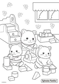 three cats are playing with blocks in the room coloring pages for children, including one cat and