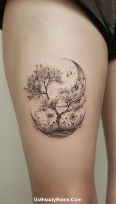 A serene tattoo of a moon with a tree silhouette, symbolizing harmony and nature’s beauty, ideal for a thigh placement. Thigh Tattoos Women Plus Size, Small Thigh Tattoo, Tattoos Trendy, Plus Size Tattoos, Trendy Tattoo Ideas, Thigh Tattoo Ideas, Small Thigh Tattoos, Hip Thigh Tattoos, Chic Tattoo