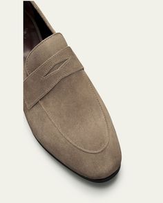 Bougeotte penny loafers in soft calf suede    0.25 in / 10 mm flat heel    Almond apron toe    Notched vamp with keeper strap     Slipon style    Leather outsole    Lining: Goat leather    Made in Italy Goat Leather, Mens Accessories Fashion, Penny Loafers, Light Beige, Penny, Apron, Almond, Tops Designs, In Italy