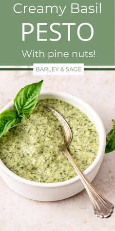 creamy basil pesto with pine nuts in a white bowl