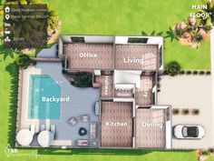 an aerial view of a house with swimming pool and living room in the middle of it