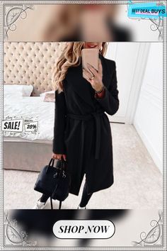 Women's Solid Mid Length Lapel Tie Jacket Mid Length, Outerwear Women, Jackets For Women, Black