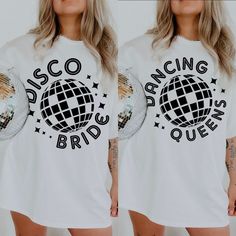 a woman wearing a white tshirt with the words disco bridling queen on it