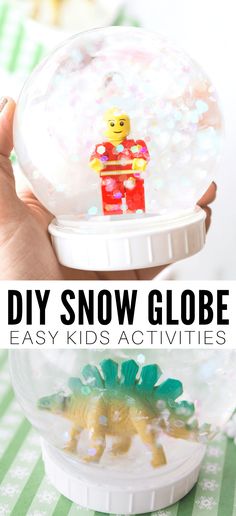 a hand holding a snow globe with legos in it and text overlay that reads diy snow globe easy kids activities