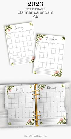 two planner pages with flowers on them and the text free printable planner calendars