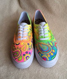 Custom Hand Painted Neon, Fluorescent Paisley Shoes | Halo House ... Paisley Shoes, Upcycle Shoes, Paint Shoes, Decorating Shoes, Vans Shoes Women