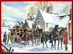 a group of people riding on the back of horses in front of a house covered in snow