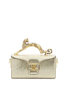 gold-tone calf leather metallic finish crinkled finish foldover top with magnetic fastening cat-shaped jewelry handle detachable chain-link top handle gold-tone hardware logo plaque main compartment internal logo patch internal patch pocket Tone Calves, Hardware Logo, Cat Bag, Chanel 2, Iconic Bags, Demi Fine Jewelry, Fine Watches, Fine Earrings, Ballet Flat Shoes