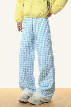 Blue Checkered Puffer Pants, plaid print sweatpants, warm pants, aesthetic pants, winter outfits