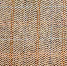 a brown and blue checkered tweed fabric with orange, white, and blue stripes