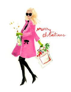 a watercolor painting of a woman in a pink coat and sunglasses carrying a shopping bag