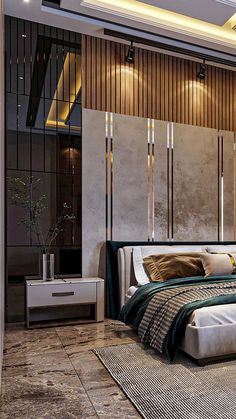 a large bed sitting in the middle of a bedroom next to a tall wooden wall