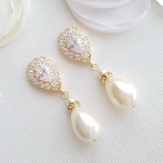 Gold Pearl Drop Earrings- Poetry Designs Earrings For Mother Of The Bride, Gold Pearl Drop Earrings, Ear Tops, Pearl Drop Earrings Bridal, Teardrop Pearl Earrings, Rose Gold Bridal Earrings, Rose Gold Wedding Jewelry, Large Pearl Earrings, Pearl Drop Earrings Gold