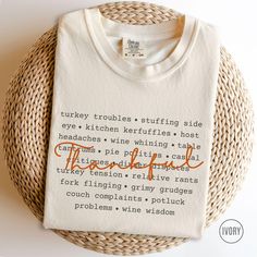 This cute, funny Thanksgiving Comfort Colors shirt is perfect for family reunion dinners or for a Thanksgiving gift for the host with a dry sense of humor! P R O D U C T∙ D E T A I L S   *  Brand:  Comfort Colors   *  Fabric:  100% ring-spun cotton.  Medium weight   *  Fit:  Relaxed fit.  Runs large   *  Your shirts are carefully made with attention to small details ♡     C A R E  ∙ I N S T R U C T I O N S   *  Turn inside out.  Cold water wash with like colors only *  Mild detergent.  Do not bl Funny T-shirt With Text For Family Reunion, Funny Text T-shirt For Family Reunion, Funny Cotton T-shirt For Family Reunion, Funny Tops With Text For Family Reunion, Custom Text Crew Neck T-shirt For Family Gatherings, White Cotton Shirt For Family Gatherings, Thanksgiving Cotton T-shirt With Letter Print, Friend Thanksgiving, Friendsgiving Shirt