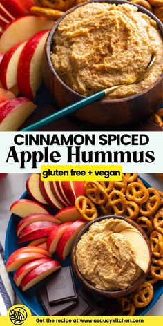 cinnamon spiced apple hummus with pretzels on the side